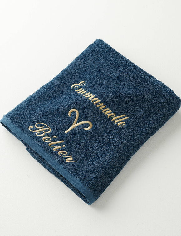 Serviettes de bain brodées Bélier personnalisable - 420g/m2 (bleu paon)