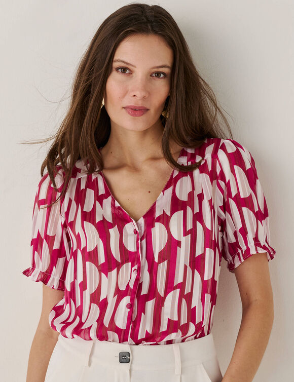 Chemisier manches blousantes imprim&eacute; bicolore, voile jacquard (&eacute;cru / framboise)