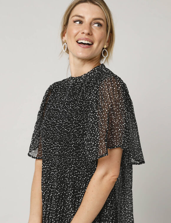 Robe en voile plissé imprimé pois, manches "papillons" (noir / blanc)