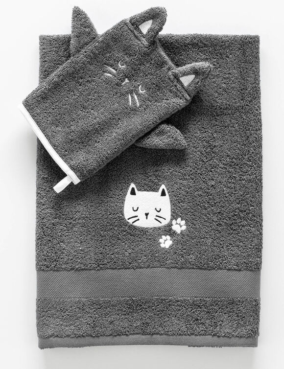 Collection éponge enfant brodée chat coton - 380 g/m2 (anthracite)