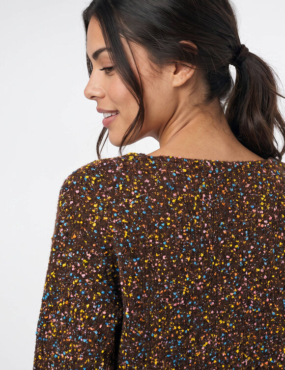 Pull col V volume loose, maille anglaise moulin&eacute;e (chocolat)