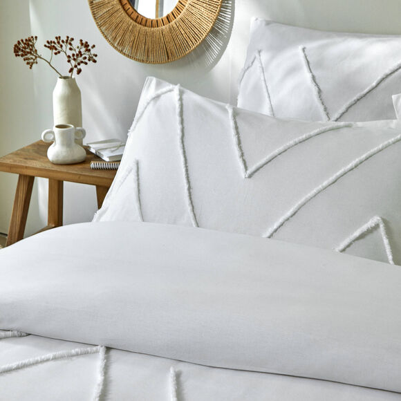 Linge de lit Amezia finition tuft&eacute; en relief - coton lav&eacute; 57 fils/cm&sup2; (blanc)