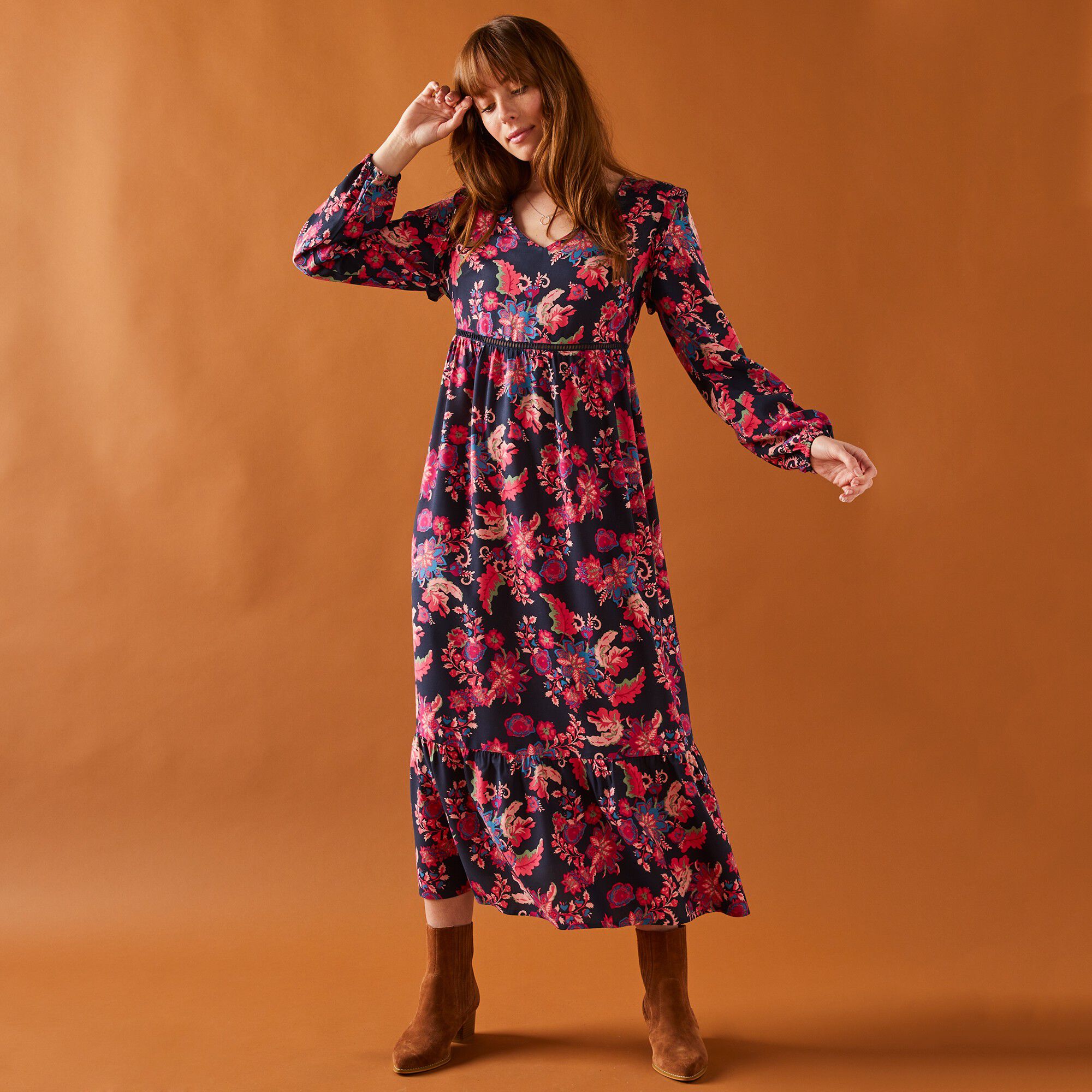 Robe longue base volant e imprim floral marine cerise Blancheporte