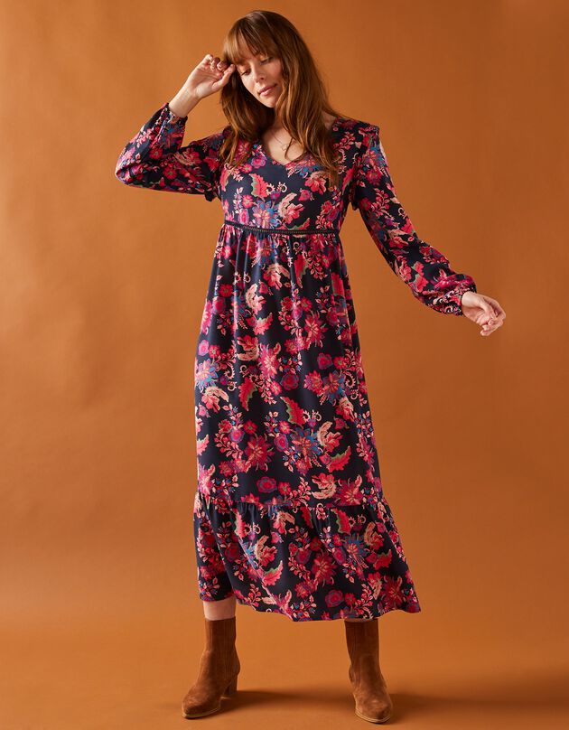 Robe longue base volantée imprimé floral (marine / cerise)