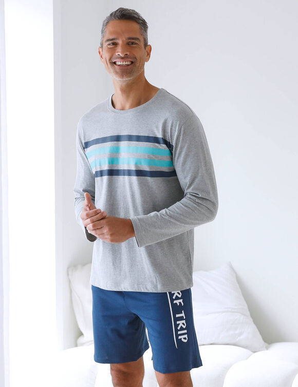 Pyjamashirt met lange mouwen en strepenprint (grijs / aqua)