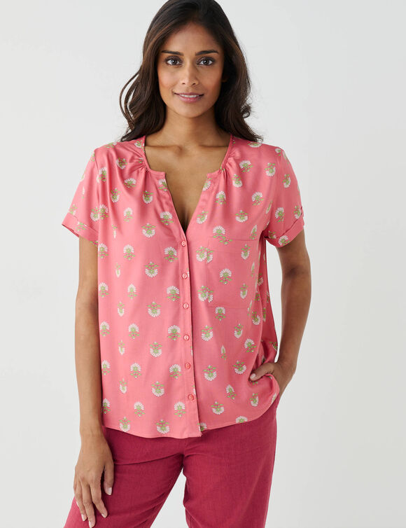 Bloes met tweekleurige print, korte mouwen (roze)