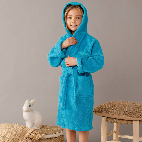 Personaliseerbare badjas met kap in badstof, kinderen (turkoois)