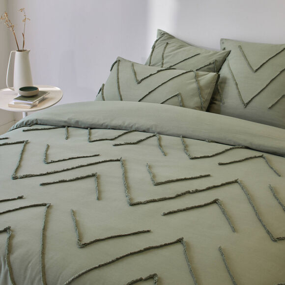 Linge de lit Amezia en coton lav&eacute; finition tuft&eacute; en relief (kaki clair)