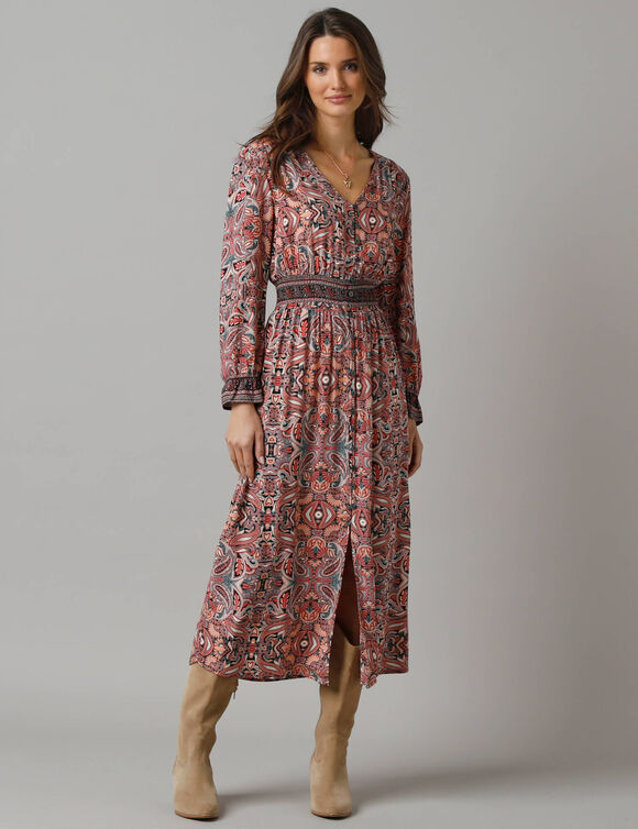 Robe longue boutonn&eacute;e imprim&eacute;e, taille smock&eacute;e (multicolore)