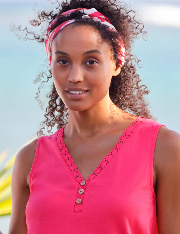 Débardeur uni, col V macramé (rose)