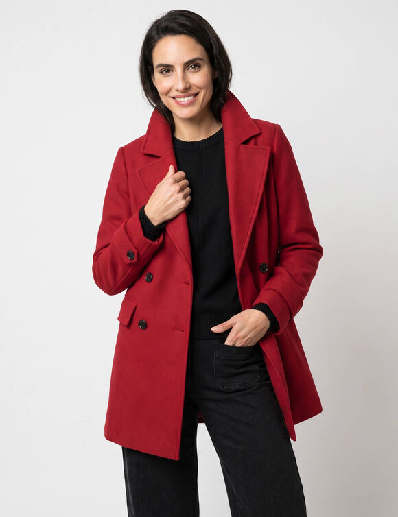 Manteau caban boutonn&eacute; uni (rouge carmin)