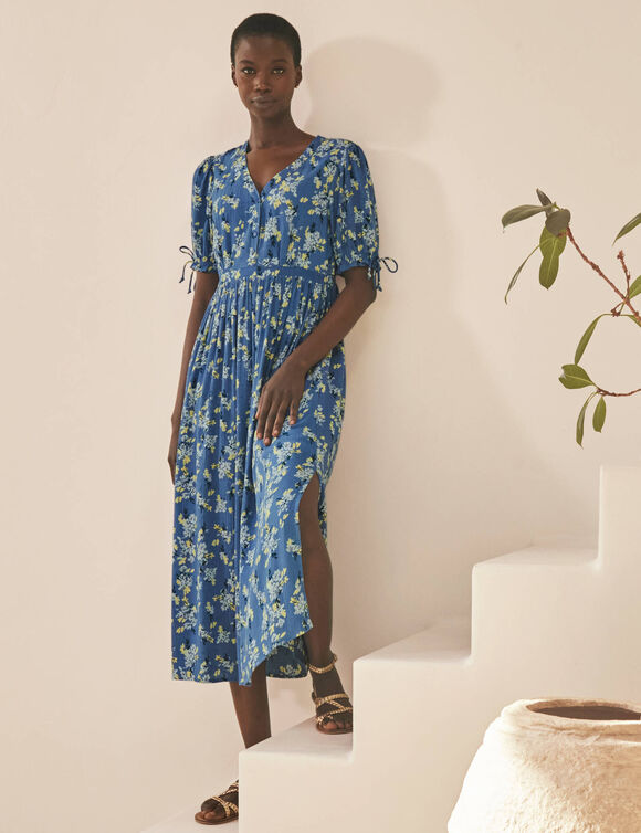 Robe imprim&eacute;e manches courtes en cr&eacute;pon (grijsblauw)