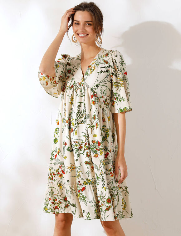 Robe courte col V, imprimé fleuri (écru)