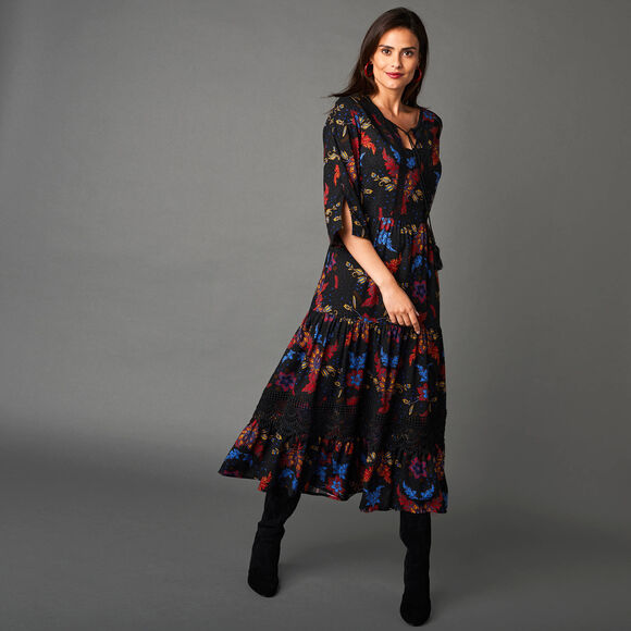 Robe longue imprim&eacute;e manches 3/4 (noir / rouge)