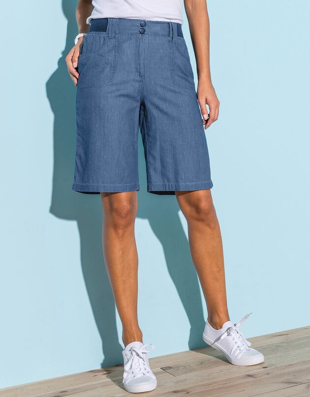 Bermuda in denim met tailleband in tricot (stone)