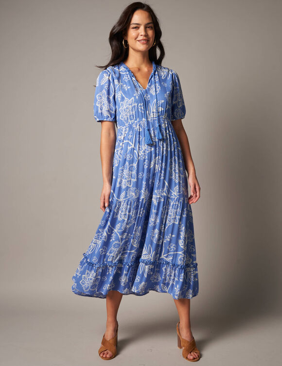 Robe longue volant&eacute;e imprim&eacute;e (bleu / &eacute;cru)