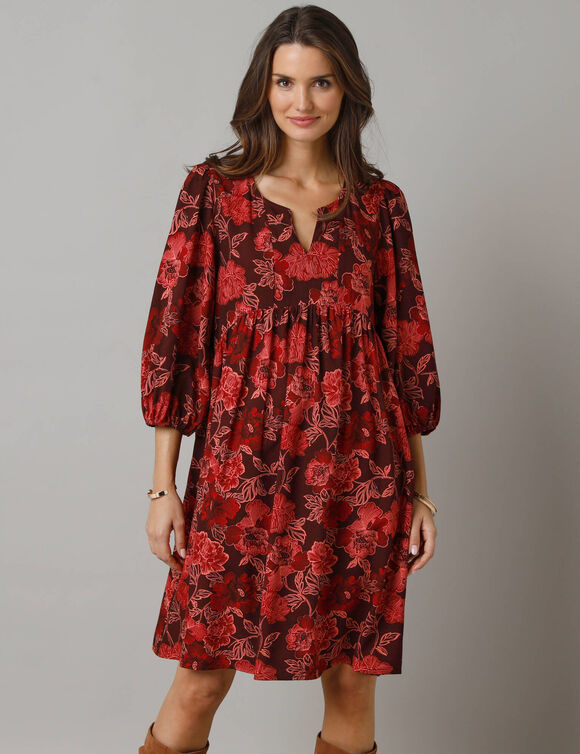 Robe courte imprimée, manches 3/4 (bordeaux / rose)