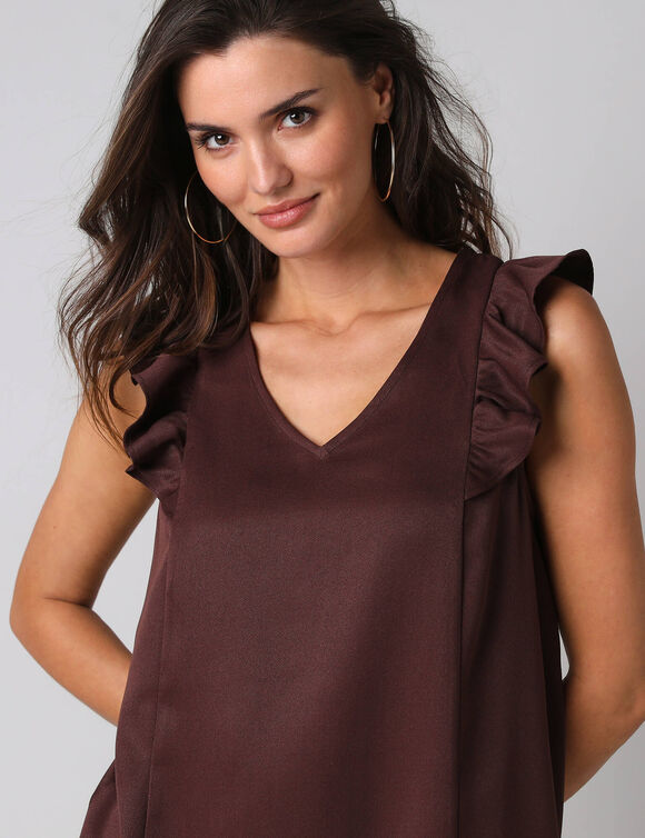 Robe courte col V unie, &agrave; mancherons volant&eacute;s (chocolat)