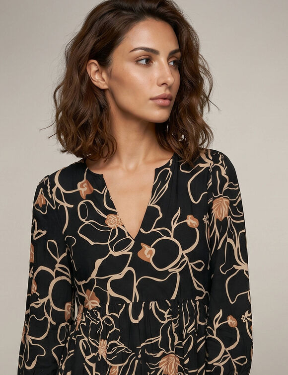 Robe courte col rond, manches 7/8&egrave;me, imprim&eacute; fleurs (noir / caramel)