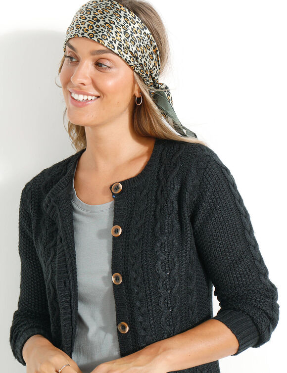 Cardigan boutonné, maille torsadée (noir)