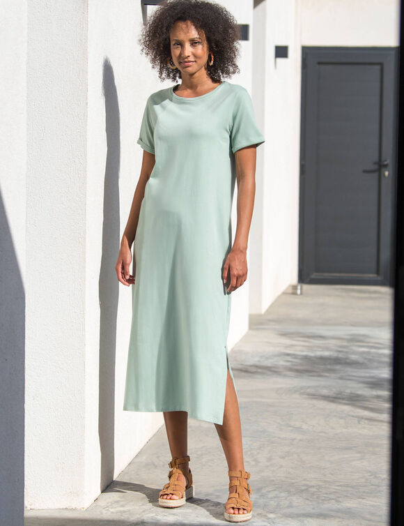 Robe longueur midi droite, maille fluide unie (vert grisé)