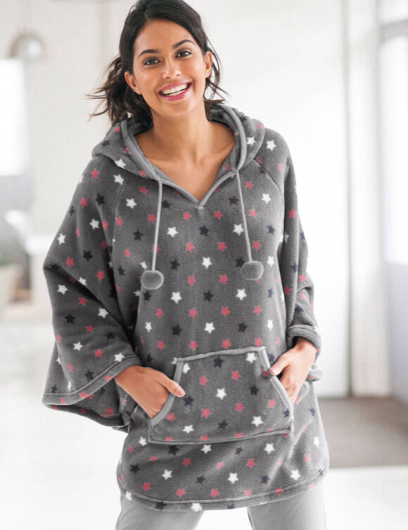 Poncho in fleece met pluchetouch en kap (grijs / roze)