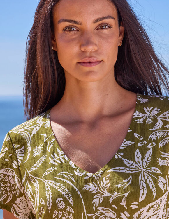 Robe col V courte imprim&eacute;e, cr&eacute;pon (kaki / blanc)