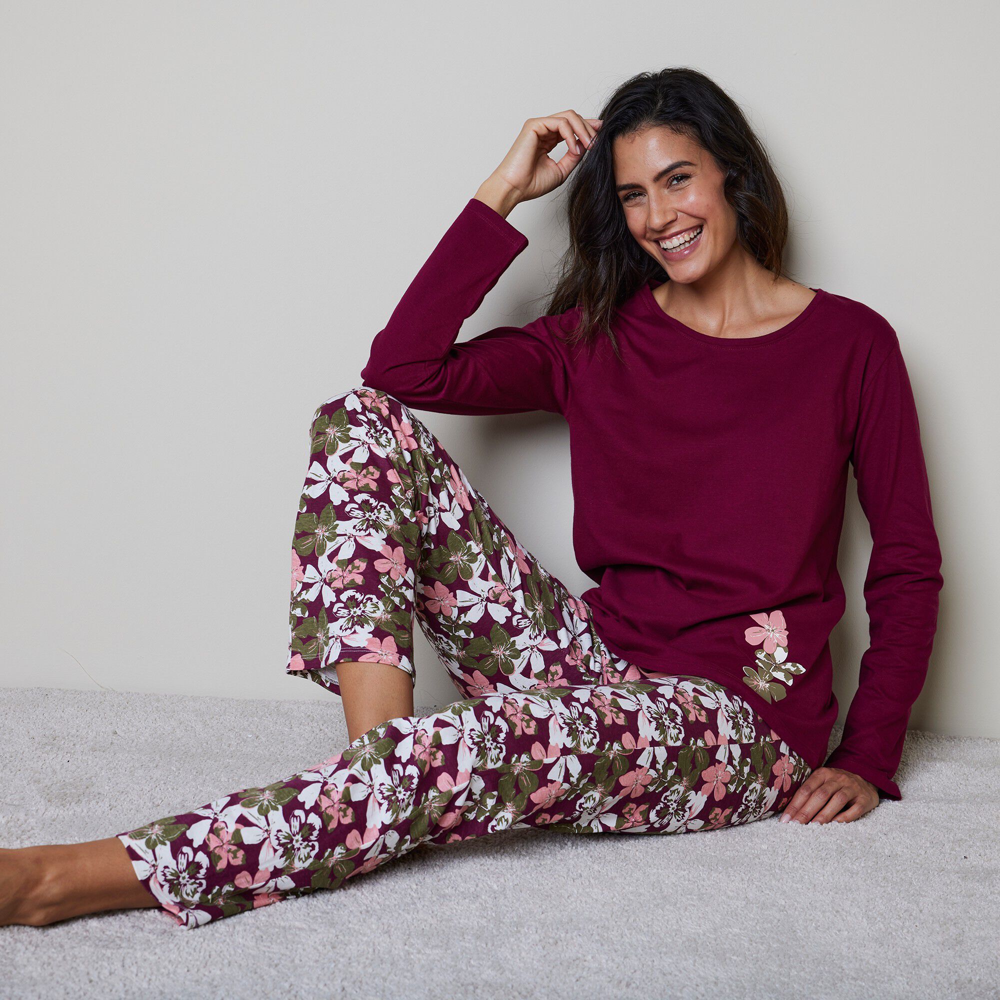 Pantalon pyjama imprim fleurs bordeaux rose Blancheporte