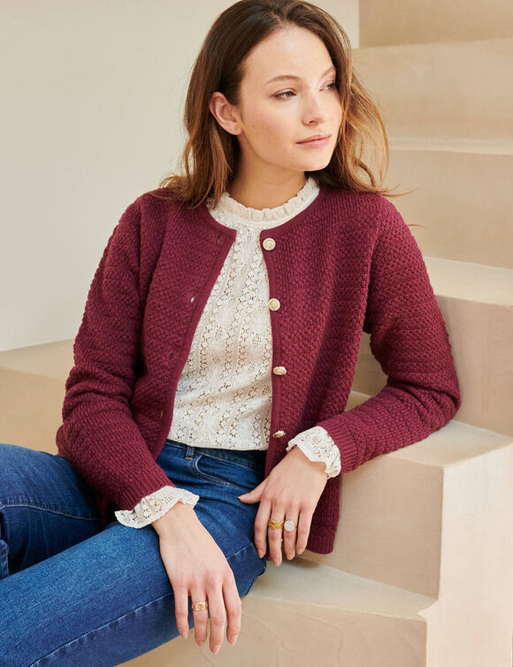 Cardigan met knoopsluiting en zakken, fantasietricot (pruim)