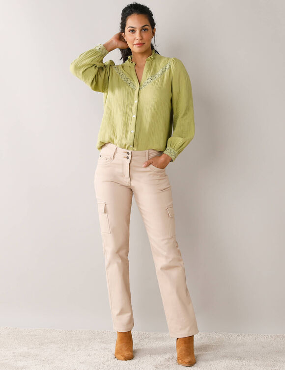 Chemisier boutonné macramé, gaze de coton (vert mousse)