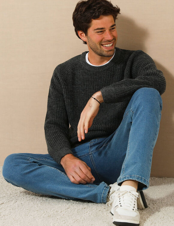 Pull col rond manches marteau c&ocirc;tes anglaises 30% laine (anthracite)