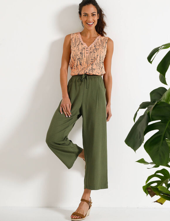 D&eacute;bardeur imprim&eacute;, col V macram&eacute; (p&ecirc;che / chocolat)