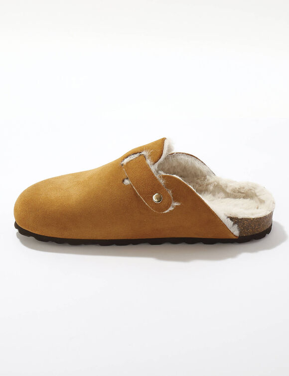 Gevoerde pantoffels in klompvorm, van su&egrave;de (karamel)