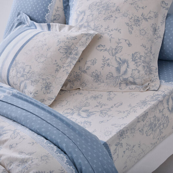 Linge de lit Gabrielle imprim&eacute; pois-fleurs-dentelle - flanelle 150 g/m&sup2; (bleu gris&eacute;)