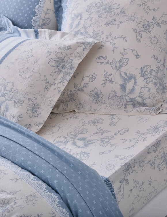 Gabrielle-beddengoed met stippenprint, bloemenprint en kantmotief &ndash; flanel 150 g/m&sup2; (grijsblauw)