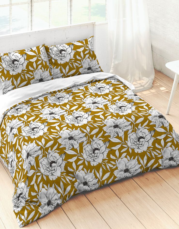 Bedlinnen Mareila met bloemenprint - katoen (kerrie / wit)