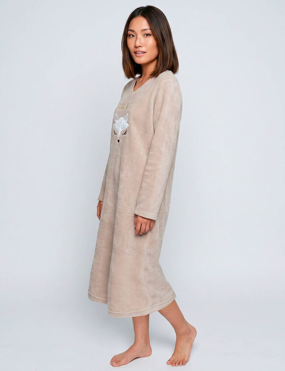 Lang nachthemd met &bdquo;fox&ldquo;-motief, fleece (taupe)