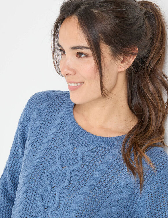 Trui in kabeltricot, ronde hals (jeansblauw)