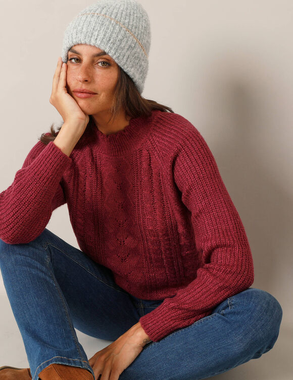 Pull col montant, maille anglaise toucher doux (prune)