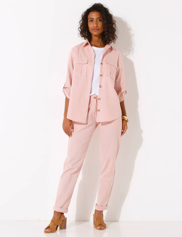 Chemisier lin-coton, manches retroussables (rose grisé)