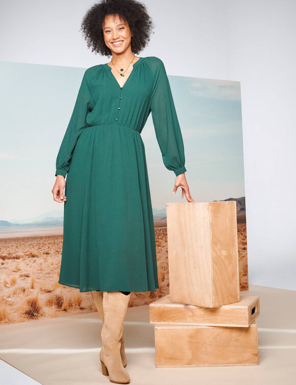 Robe longue évasée, manches blousantes (vert foncé)