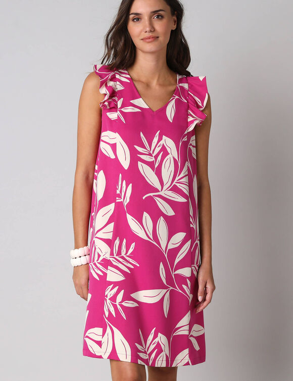 Robe courte col V imprim&eacute; feuillage, &agrave; mancherons volant&eacute;s (roze / ecru)