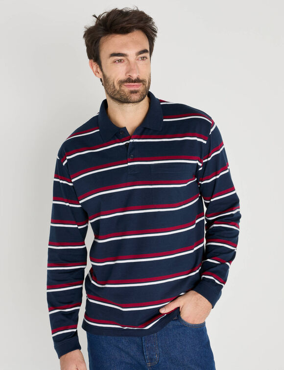 Gestreepte polo met lange mouwen, jersey, katoen (marine / rood)