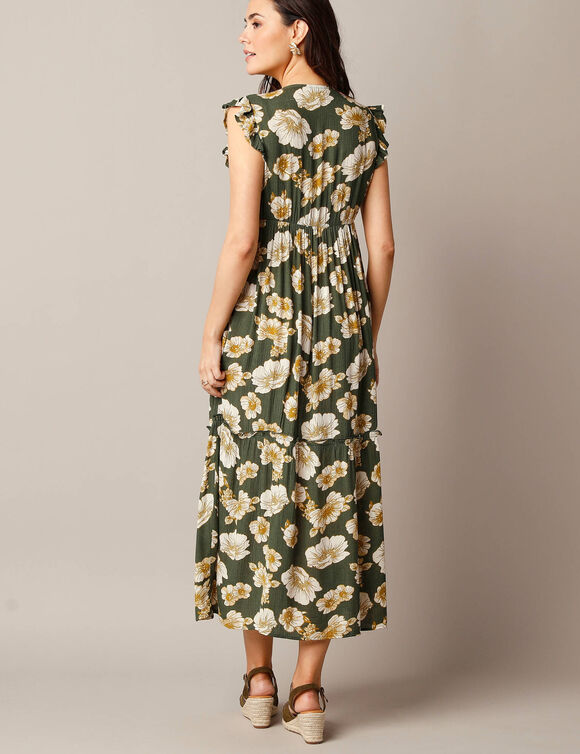 Robe longue sans manches, crépon imprimé (kaki)
