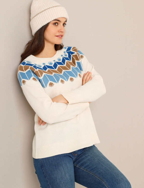Pull col rond jacquard, toucher doux (écru / bleu)
