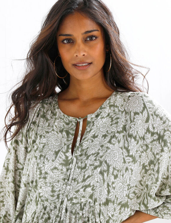 Robe longue imprim&eacute;e, cr&eacute;pon (kaki)