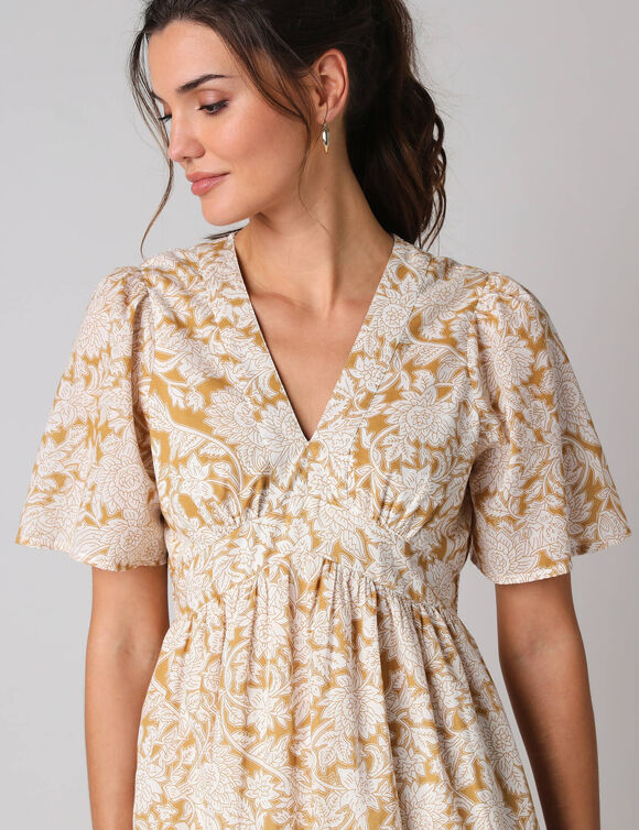 Robe courte en coton col V, imprim&eacute; boh&egrave;me (bronze)