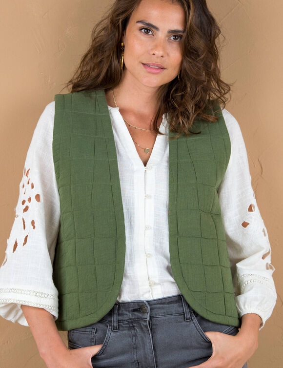 Veste sans manches matelassée, gaze de coton (kaki)