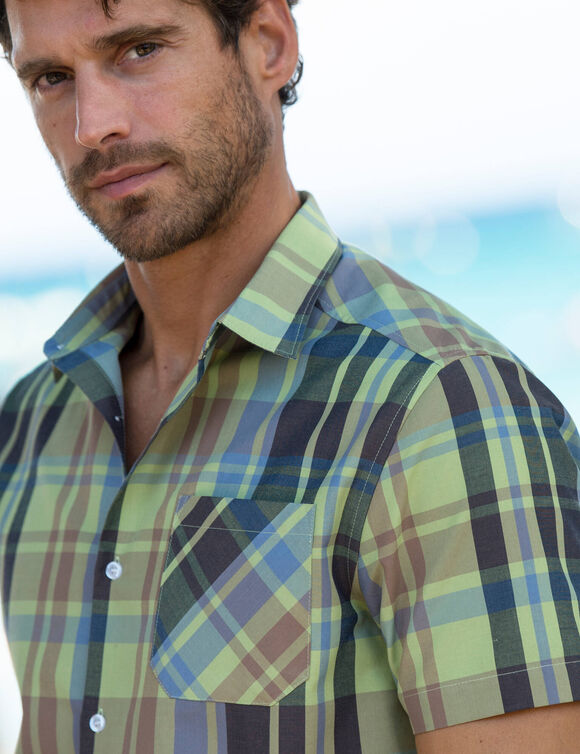  Chemise grands carreaux manches courtes polycoton (bleu / vert)