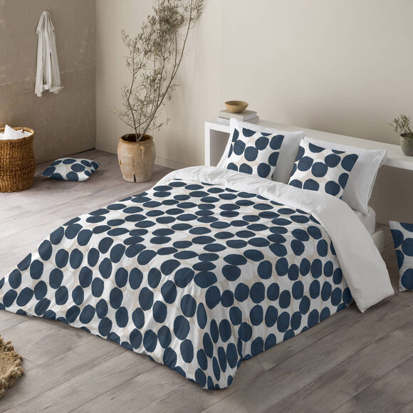 Linge de lit Pois en coton imprimé (blanc / marine)